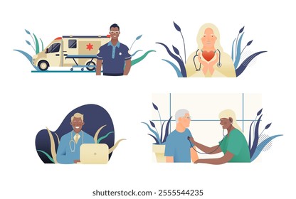 Set of Modern Flat Medical Insurance Illustrations. Ambulance Transport, Call Center, Young Medical Specialist Hold Red Heart, Cardiac Auscultation in Medical Office.