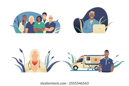 Set of Modern Flat Medical Insurance Illustrations. Medical Team, Medical Specialist Hold Red Heart, Call Center, Ambulance Transport.