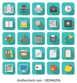 Set of modern flat office icons with long shadows