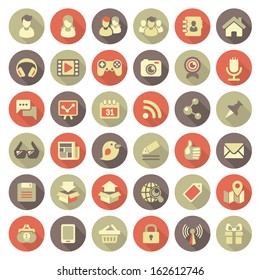 Set of modern flat round icons of social networking and multimedia in retro colors with long shadows