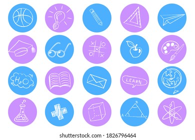 Conjunto de modernos iconos redondos planos. conjunto de iconos vectoriales de ciencia, escuela y educación - aprendizaje de estudiantes. 
