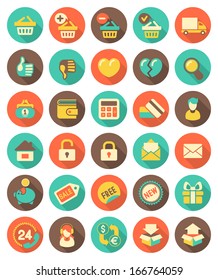 Set of modern flat round shopping icons with long shadows