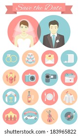 Set of modern flat round wedding icons