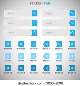 Set of modern flat search bars, boxes with blue button for ui-ux design and web templates. Search buttons with 3 modes: normal, mouse over (hover), pushed (clicked on). Vector website icons