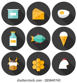 Set of modern flat shadow icons with products containing animal protein and prohibited for vegans: milk, cheese, egg, yogurt, fish, ice cream, red meat, honey, poultry meat. You can use it for your