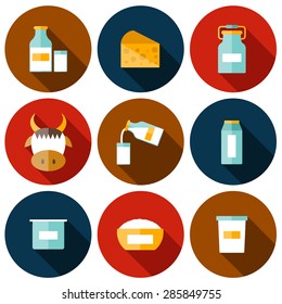 Set of modern flat shadow icons with products containing lactose: milk bottle, glass, cheese, cottage, cream, yogurt, cow. You can use it for your fresh milk design and lactose intolerance or vegan