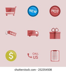Set of modern flat shop essential icons - red theme