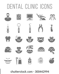 Set of modern flat silhouette vector conceptual icons of dental clinic services, stomatology, dentistry, orthodontics, oral health care and hygiene, tooth restoration, instruments and tools