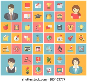 Set of modern flat square icons of school subjects, teachers and pupils 