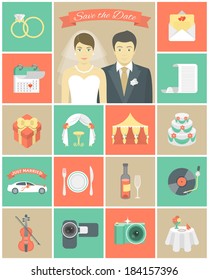 Set of modern flat square wedding icons