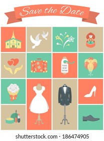 Set of modern flat square wedding icons