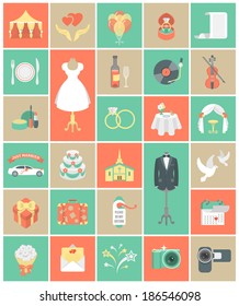 Set of modern flat square wedding symbols