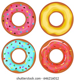 Set of modern flat style colorful vector donuts isolated on white background. Top view.