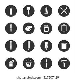 Set of modern flat thin line minimalistic icons of artist tools - brushes, paints, pens, pencils