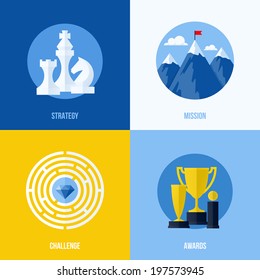 Set of modern flat vector business elements for websites and mobile apps. Concepts for strategy, mission, challenge, awards