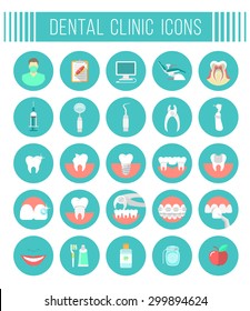 Set of modern flat vector conceptual icons of dental clinic services, stomatology, dentistry, orthodontics, oral health care and hygiene, tooth restoration, instruments and tools