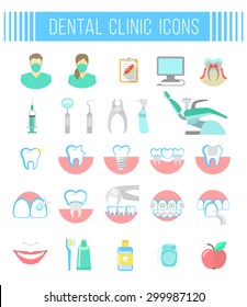 Set of modern flat vector conceptual icons of dental clinic services, stomatology, dentistry, orthodontics, oral health care and hygiene, tooth restoration, instruments. Isolated on white