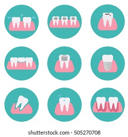 Set of modern flat vector conceptual icons of teeth conditions, stomatology, dentistry, orthodontics, oral health care and hygiene tooth restoration