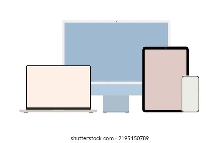 Set of Modern Flat Vector Devices. Computer Monitor, Laptop, Tablet, Smartphone, Isolated on White Background