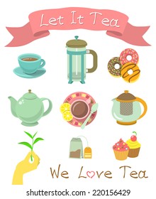 Set of modern flat vector icons of tea party essentials. Suitable for creating a colorful invitation card, website design, infographics or publication.