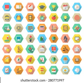 Set of modern flat vector icons of school subjects, activities, education and science symbols in colorful hexagons with long shadows. Concepts for web site, mobile or computer apps, info graphics