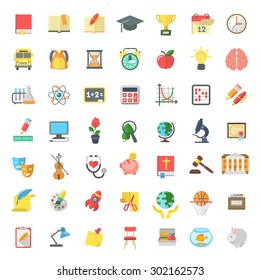 Set of modern flat vector icons of school subjects, activities, education and science symbols isolated on white. Concepts for website, web services, apps, infographics, promotional printed materials