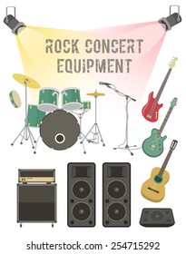 Set of modern flat vector illustration of musical instruments and sound equipment for rock concert, festival, club party 