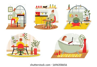 Set of modern flat vector illustrations on the theme of home office. Weekdays freelancers. Work on self-isolation.