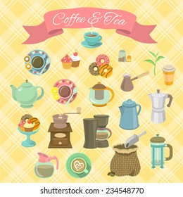 Set of modern flat vector illustrations of accessories for the coffee and tea party, such as manual coffee grinder, coffee and tea pot, kettle, coffee machine, a Turk, cups and a bag of coffee beans