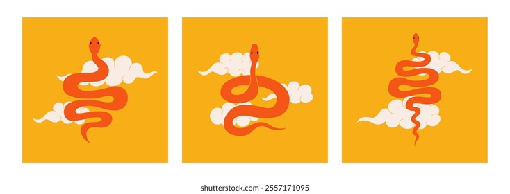 Set of modern flat vector illustrations with snakes and clouds in oriental asian style. Vintage clipart with symbol of lunar new year