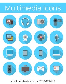 Set of modern flat vector multimedia icons in blue circles with long shadows. Conceptual symbols of audio, video, web and mobile devices