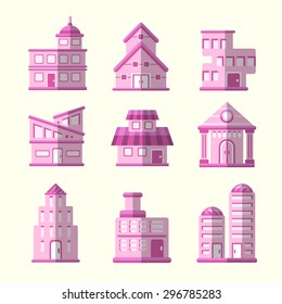 Set of modern flat vector pink buildings