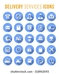 Set of modern flat vector round icons of delivery service, logistic business, shipping and transportation. Conceptual symbols for interface design of website in blue circles