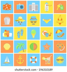 Set of modern flat vector square icons of summer vacation and beach holidays