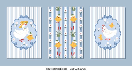 A set of modern flat vintage templates for posters, flyers, postcards, and a seamless drawing with a funny goose, chicken, goslings, chickens, and flowers. Vector design .