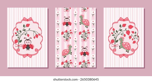 Um conjunto de modelos vintage planos modernos para cartazes, folhetos, cartões postais e desenhos sem costura com uma tartaruga engraçada em um chapéu, uma joaninha, um buquê de frutas e flores. Design vetorial