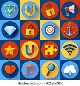 Set of Modern flat web icons on following themes - SEO and development, security and protection, internet and music.