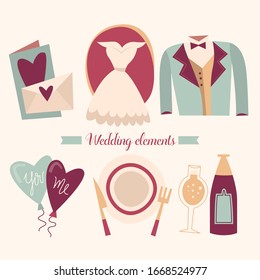 Set of modern flat wedding icons