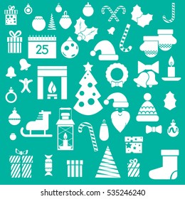 Set of modern flat white Christmas icons for infographic and holidays design projects