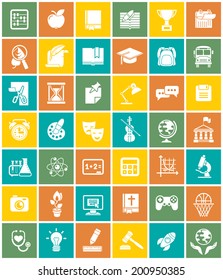 Set of modern flat white silhouette icons of school subjects, educational and science symbols in colorful squares