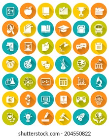 Set of modern flat white vector silhouette icons of school subjects, activities, educational and science symbols in colorful circles with long shadows