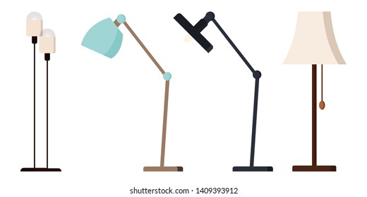 Set of modern floor lamps isolated on white background. Vector flat design illustration. Interior design element for home, office, hall. Lamps with light bulbs. Lighting system equipment.