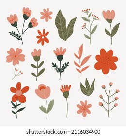 Set of modern floral elements.Flower and green leaves.