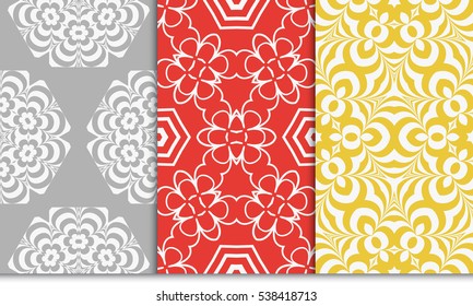 set of modern floral geometric ornament on red, yellow, grey background. Seamless vector illustration. For interior design, wallpaper
