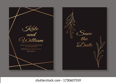 Set of modern floral luxury wedding invitation design or card templates for business or presentation or greeting with golden lines and branches on a black background.