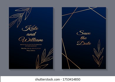Set of modern floral luxury wedding invitation design or card templates for business or presentation or greeting with golden leaves and lines on a navy blue background.