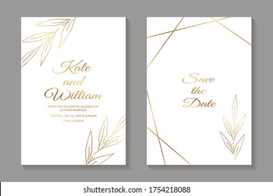 Set of modern floral luxury wedding invitation design or card templates for business or presentation or greeting with golden leaves and lines on a white background.