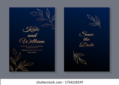 Set of modern floral luxury wedding invitation design or card templates for business or presentation or greeting with golden leaves on a navy blue background.