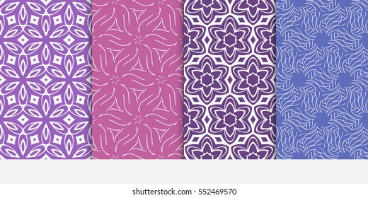 set of modern floral pattern of geometric ornament. Seamless vector illustration. for interior design, printing, wallpaper. purple color