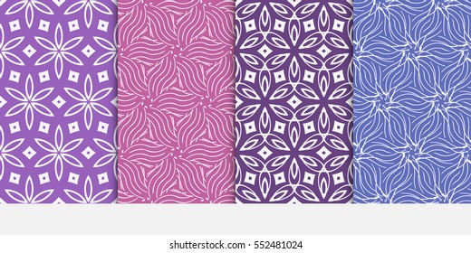 set of modern floral pattern of geometric ornament. Seamless vector illustration. for interior design, printing, wallpaper. purple color